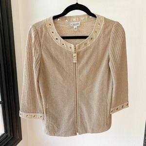 ST. JOHN SPORT Women's Tan 2 pc Zip Front Top/Pull On Pants Set w/ Pockets sz S